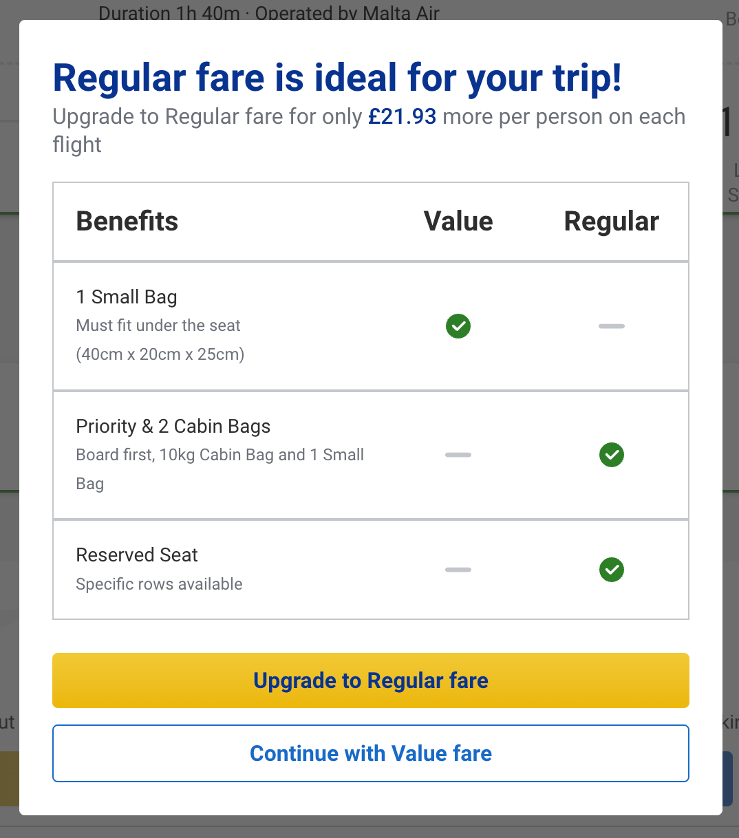 Choose your fare for the trip dark pattern