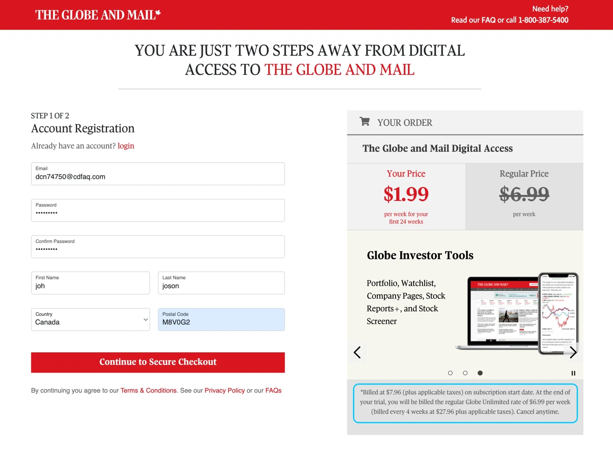 The Globe and Mail account creation page
