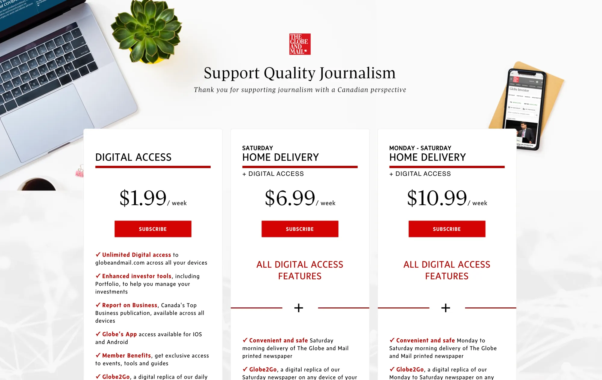The Globe and Mail subscription page