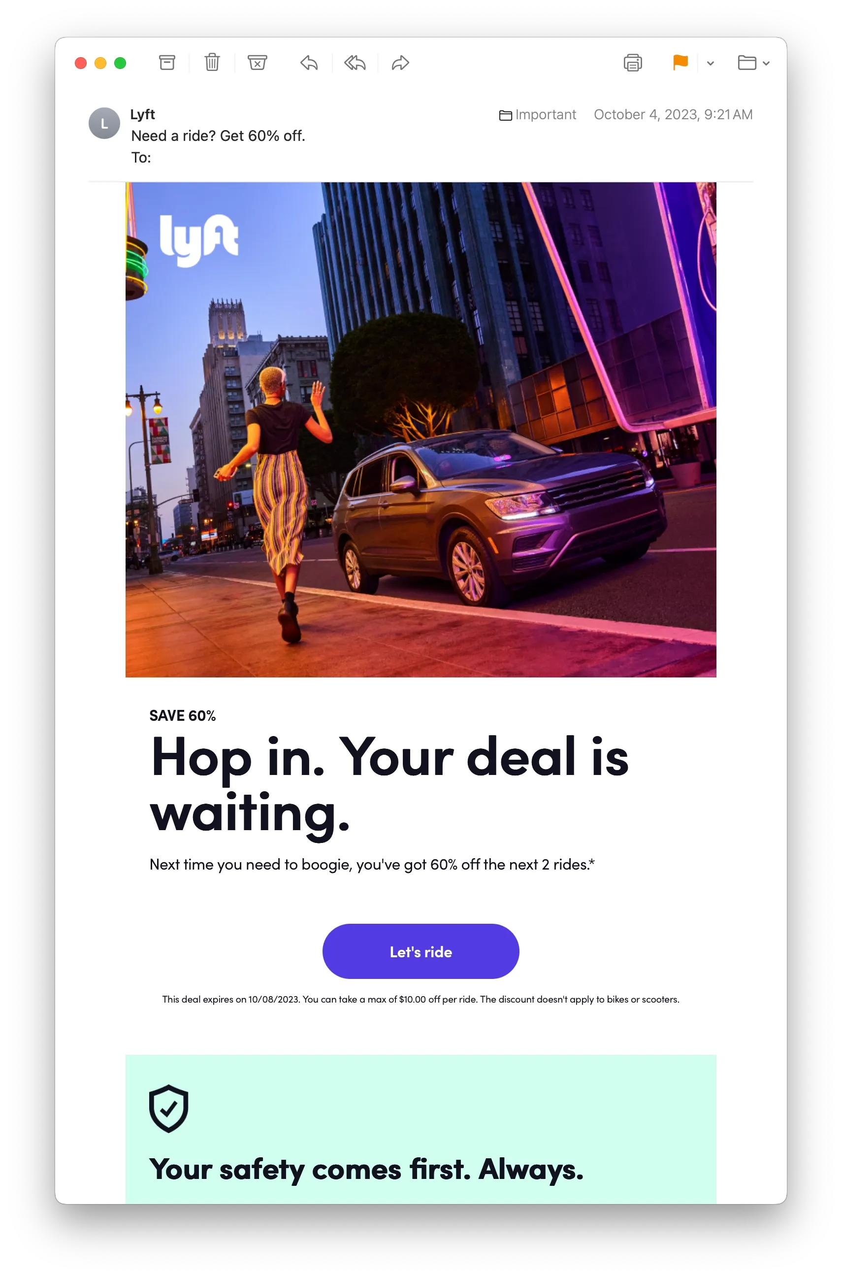 Email with dark patterns from Lyft